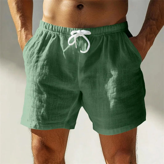 Men's black loose-fit linen shorts with elastic waistband, drawstring, breathable cotton-linen fabric, casual summer streetwear.