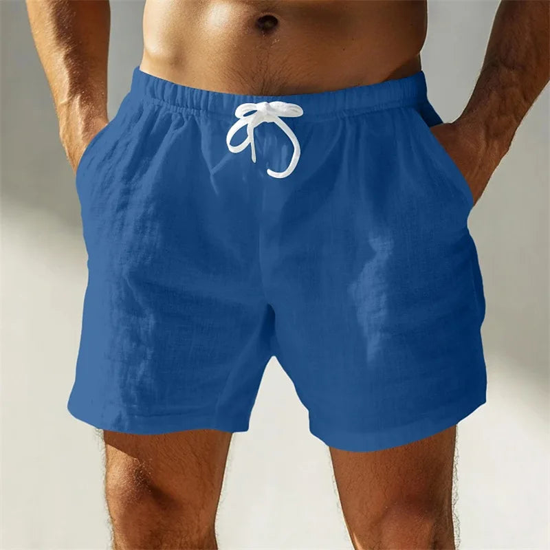 Men's black loose-fit linen shorts with elastic waistband, drawstring, breathable cotton-linen fabric, suitable for casual summer wear.