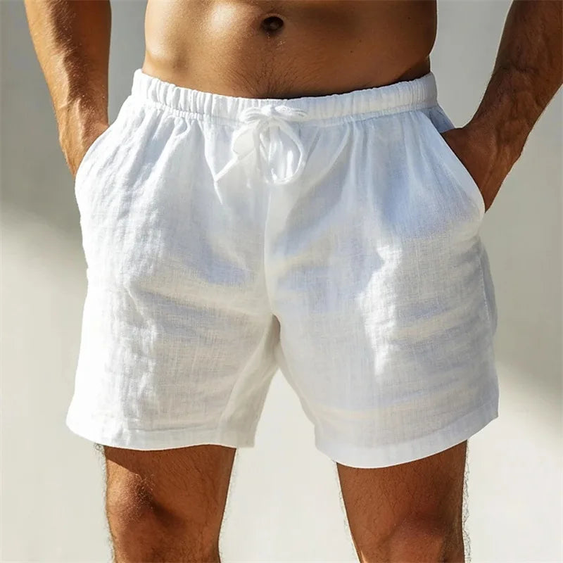 Men's black loose linen shorts with elastic waistband, drawstring, breathable cotton-linen fabric, casual summer streetwear style.