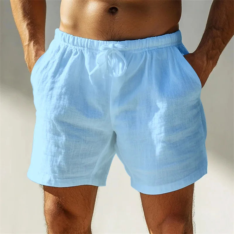 Men's black loose fit linen shorts with elastic waistband and drawstring, breathable summer casual pants by Urban Fashion & Streetwear.