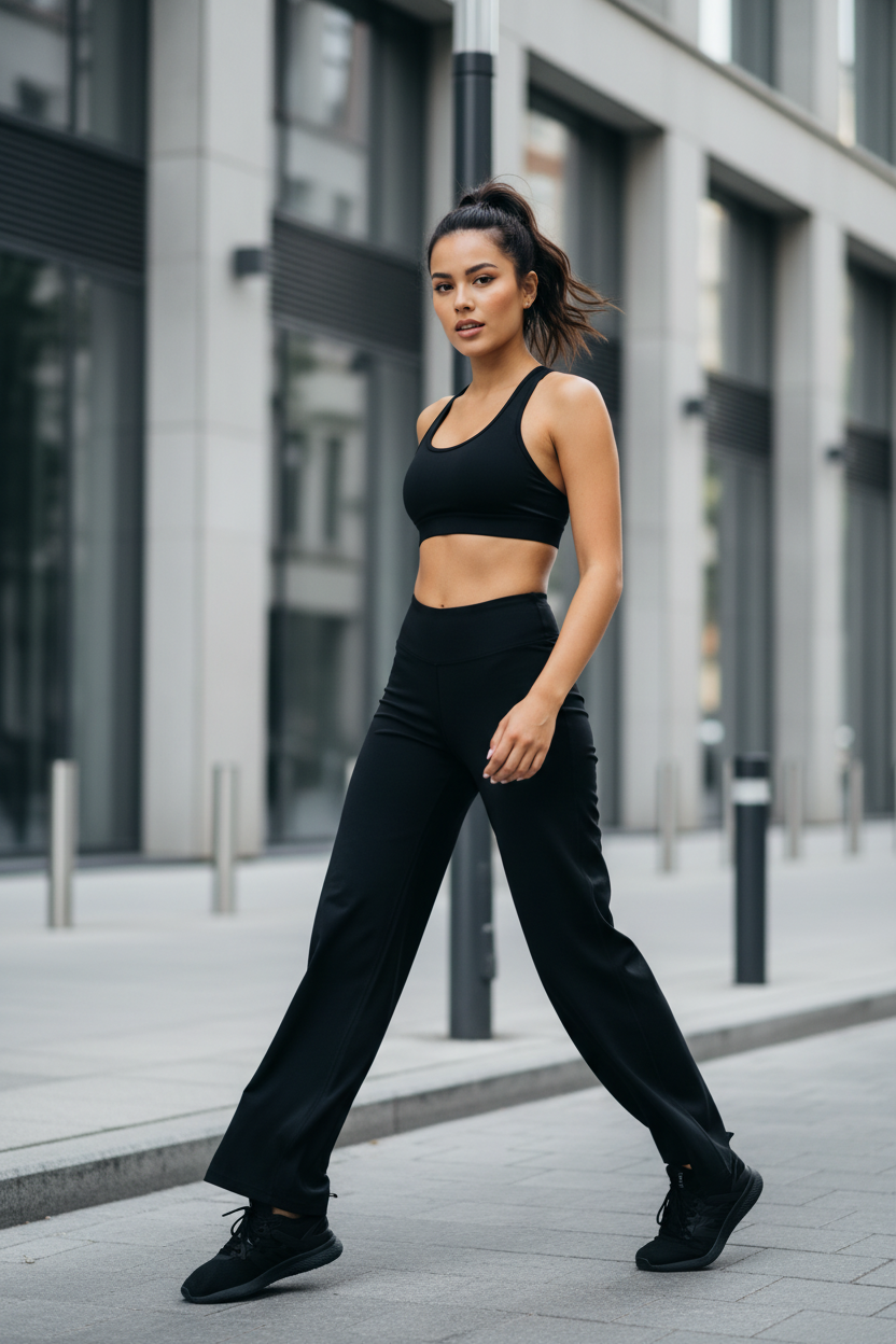 Woman wearing Urban Fashion & Streetwear | Craftklart black high rise yoga pants and sports bra walking outdoors