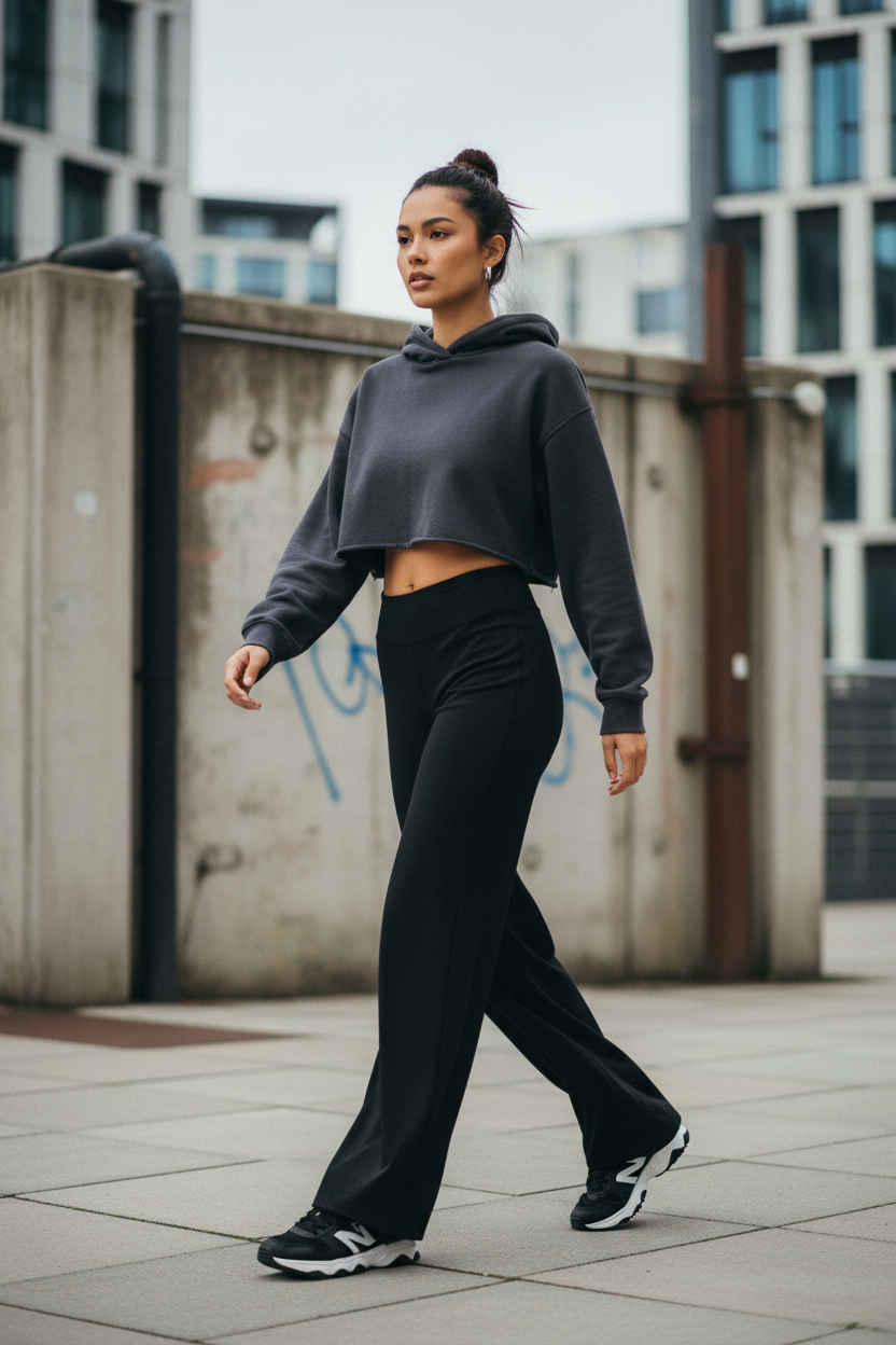 Urban Fashion & Streetwear | Craftklart high rise black yoga pants with a straight leg fit worn by a woman walking.