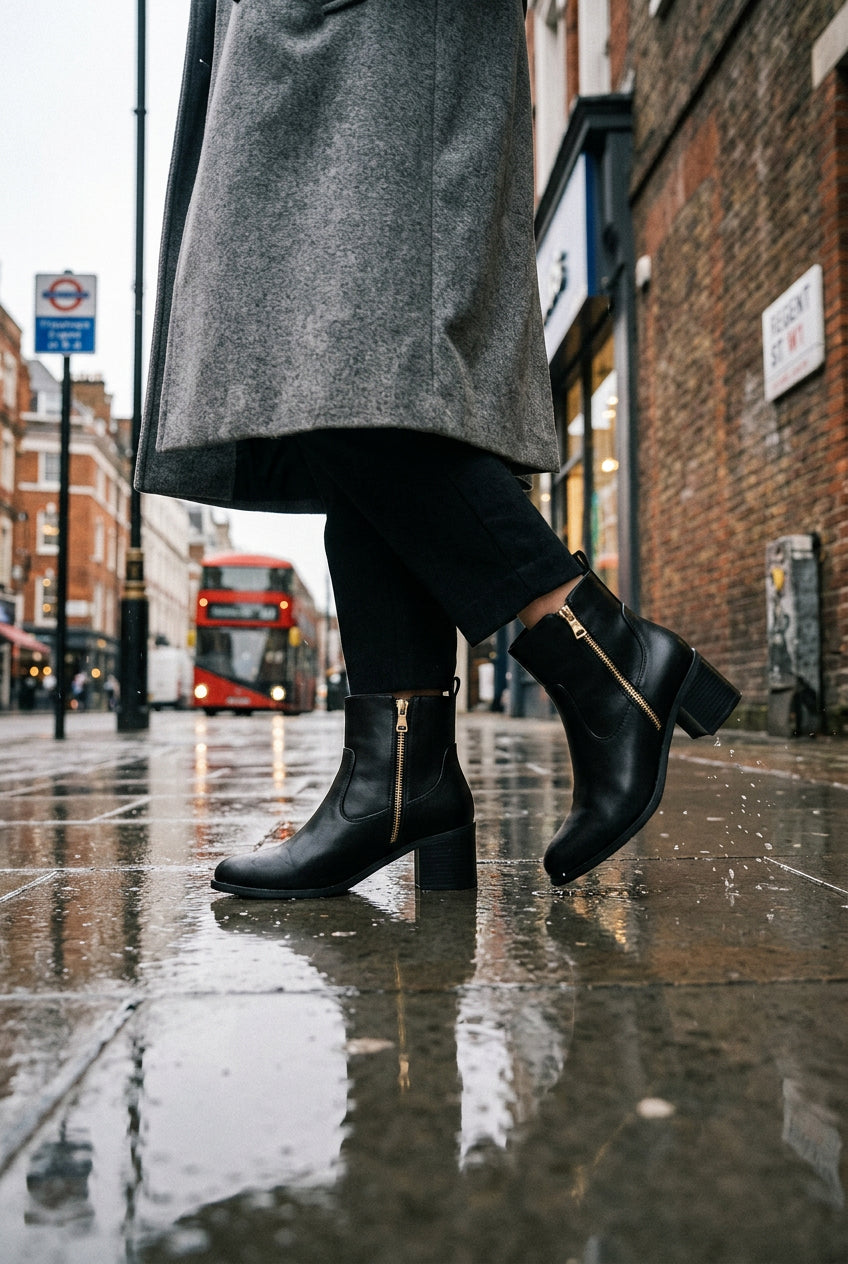Urban Fashion & Streetwear | Craftklart Mews black faux-leather ankle boots with gold zip and block heel on city street