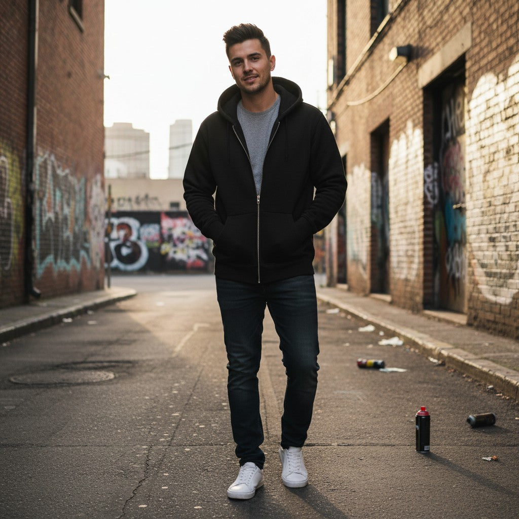 Man wearing a black Urban Fashion & Streetwear | Craftklart fleece full zip hoodie in an urban alleyway
