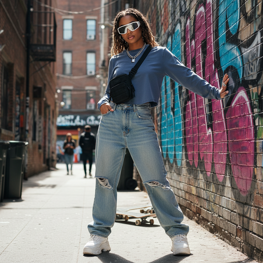 Urban Fashion & Streetwear | Craftklart slim long-sleeve crop top in blue cotton blend worn by a model in an alley.