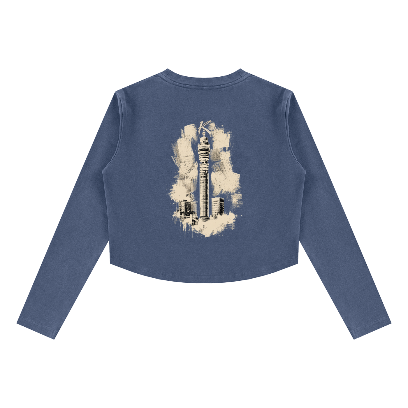 Urban Fashion & Streetwear | Craftklart vintage wash blue long sleeve crop top with a central city tower graphic print