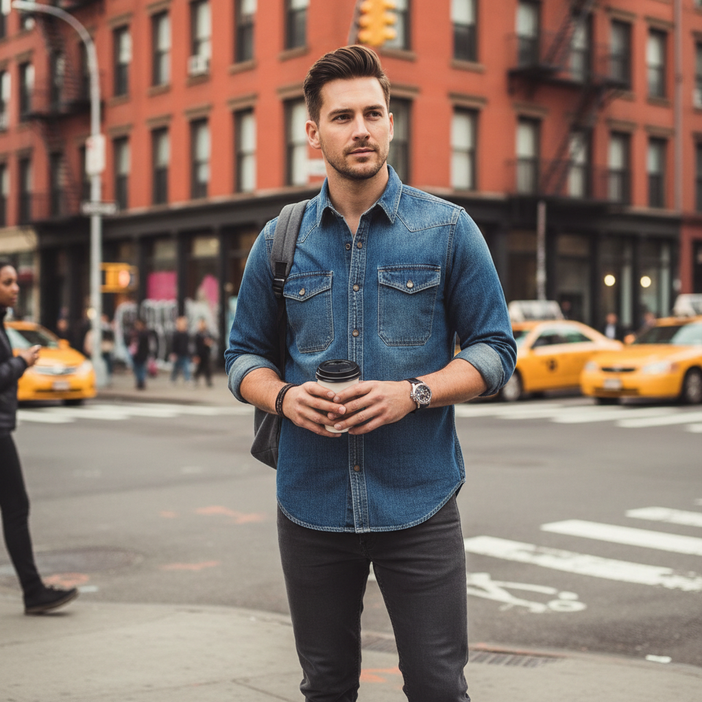 Urban Fashion & Streetwear | Craftklart blue denim shirt with chest pockets worn by a man in a city street setting