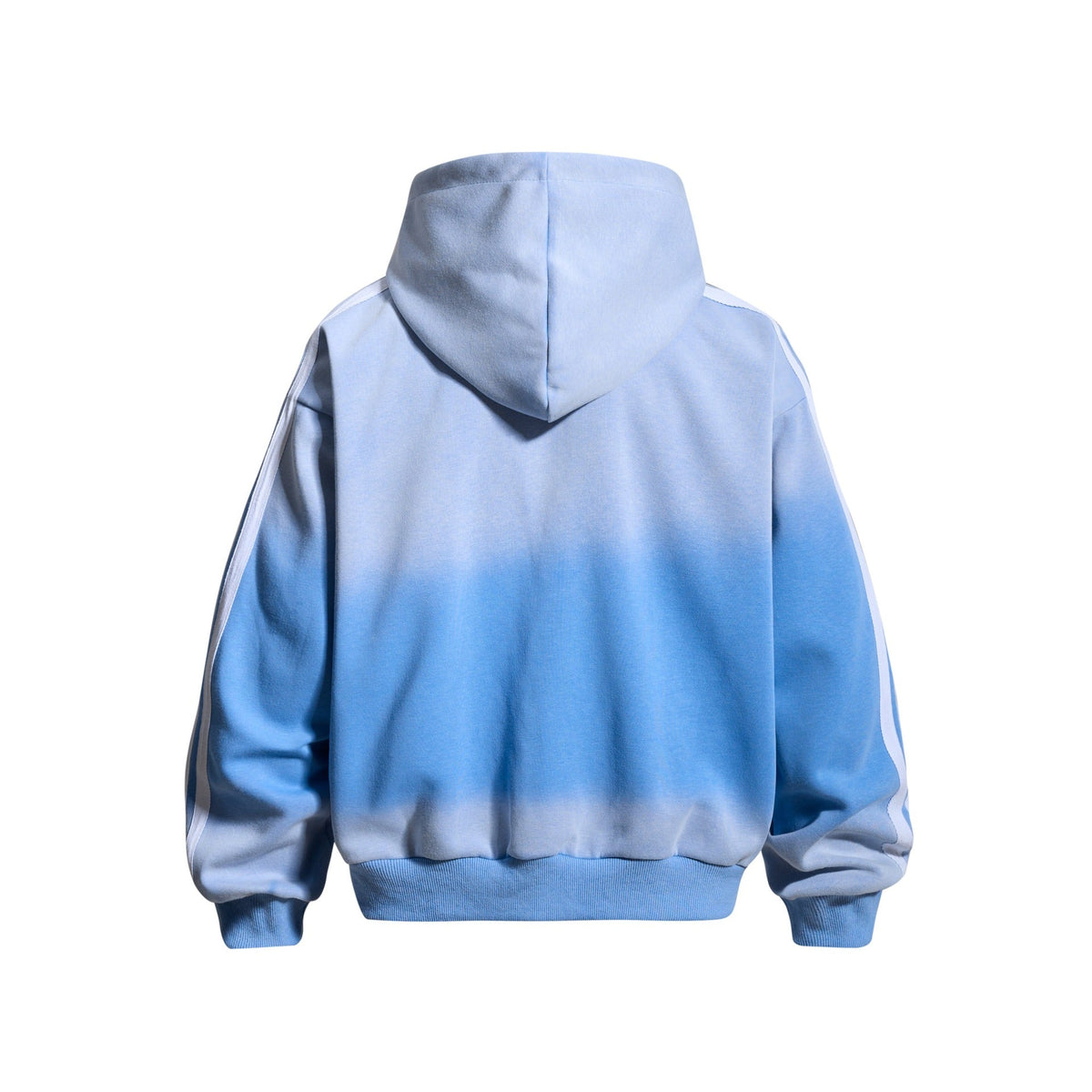 Back view of Urban Fashion & Streetwear | Craftklart blue gradient zip-up hoodie with white sleeve stripes
