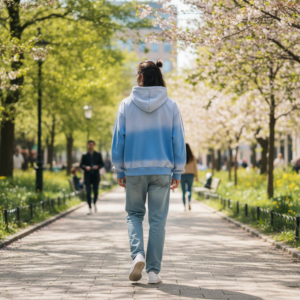Urban Fashion & Streetwear | Craftklart blue gradient zip-up hoodie worn by a man walking in a sunny park