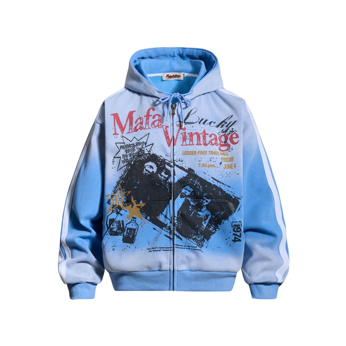 Urban Fashion & Streetwear | Craftklart blue gradient zip-up hoodie with vintage concert poster graphic print