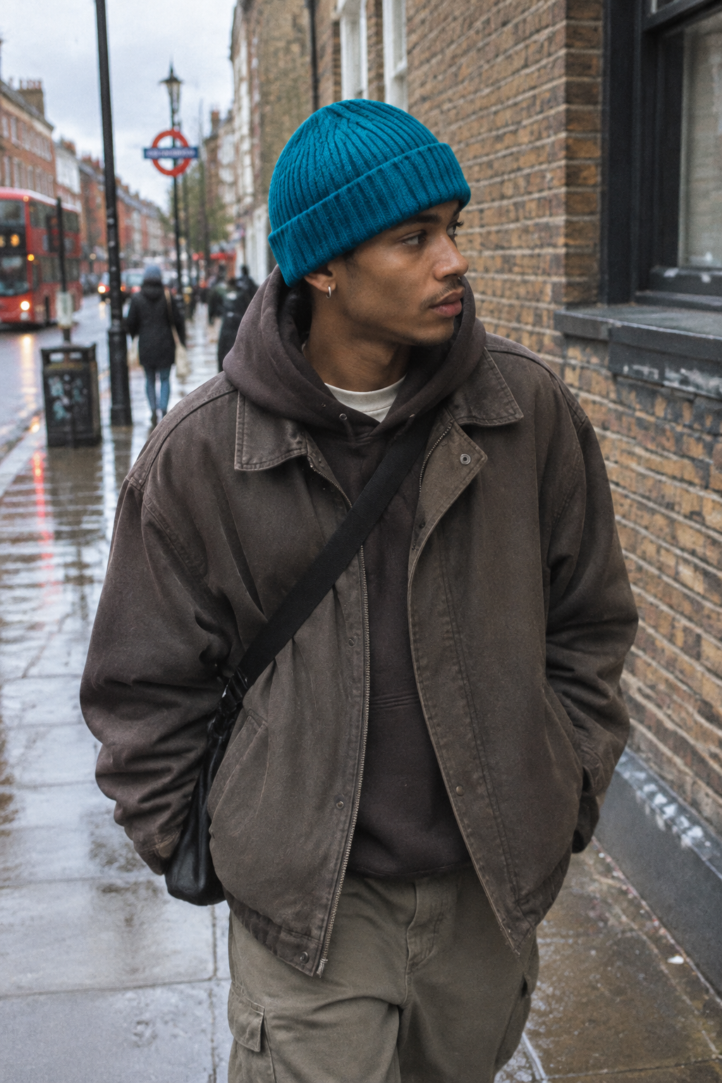 Blue ribbed knit winter beanie hat by C R A F T K L A R T, perfect for urban streetwear and cold weather fashion.