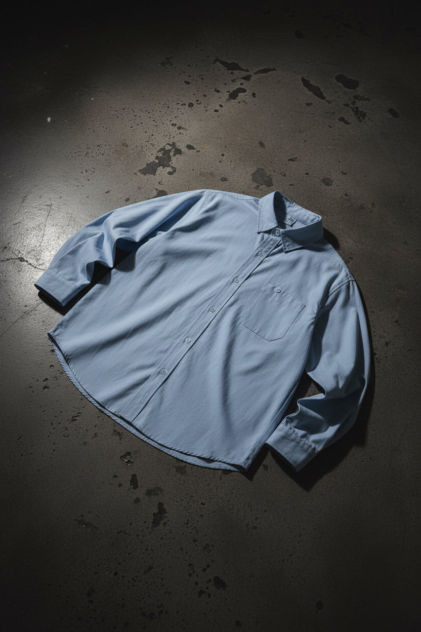 Urban Fashion & Streetwear | Craftklart blue oversized cotton blend long sleeve shirt with a flip collar and chest pocket
