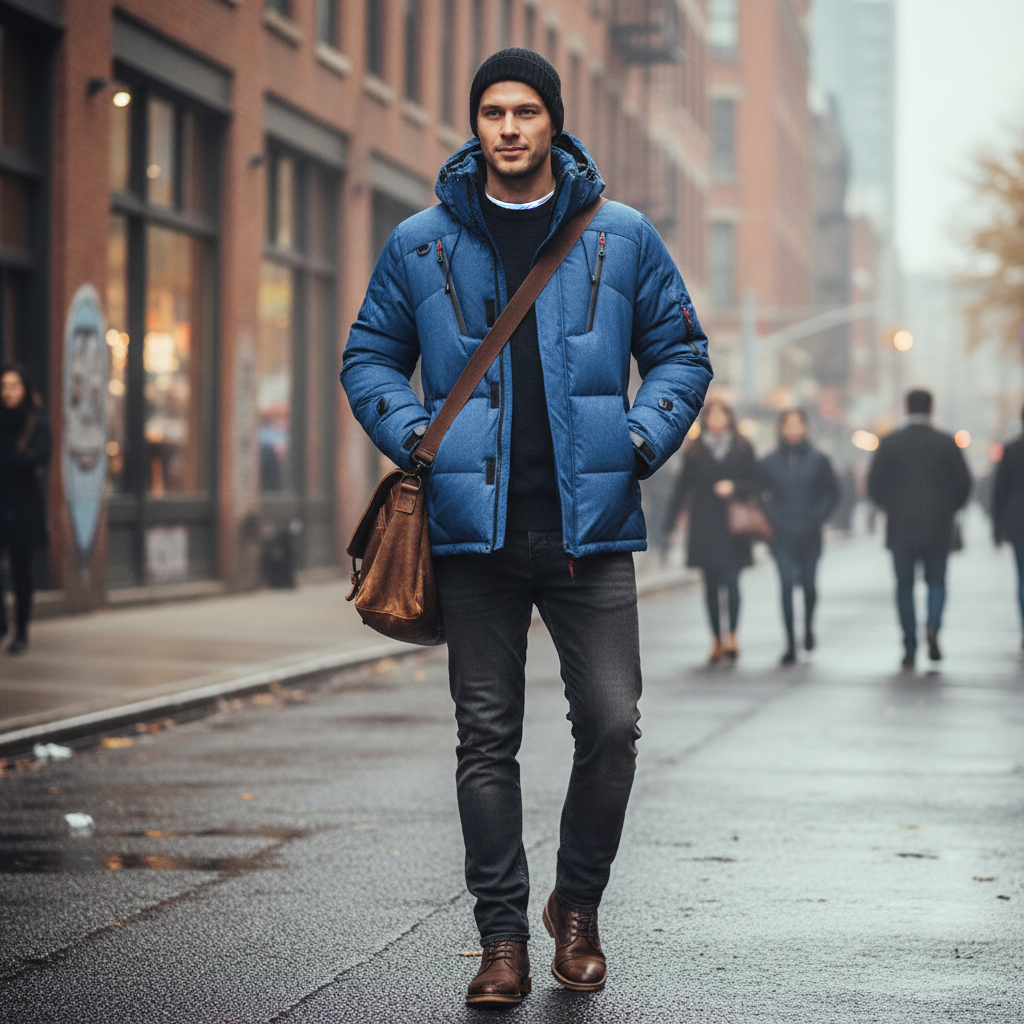 Man wearing a blue Urban Fashion & Streetwear | Craftklart insulated puffer jacket with a hood on a city street.