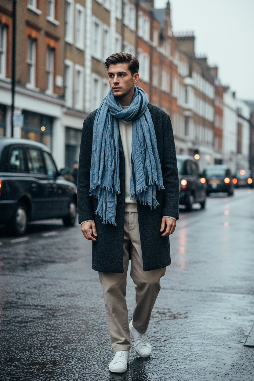 Urban Fashion & Streetwear | Craftklart blue striped men's scarf with frayed tassel edges in soft polyester fabric