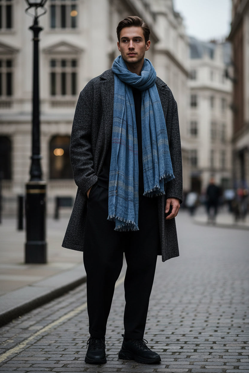 Urban Fashion & Streetwear | Craftklart blue striped men's scarf with frayed tassel edges and windproof texture.