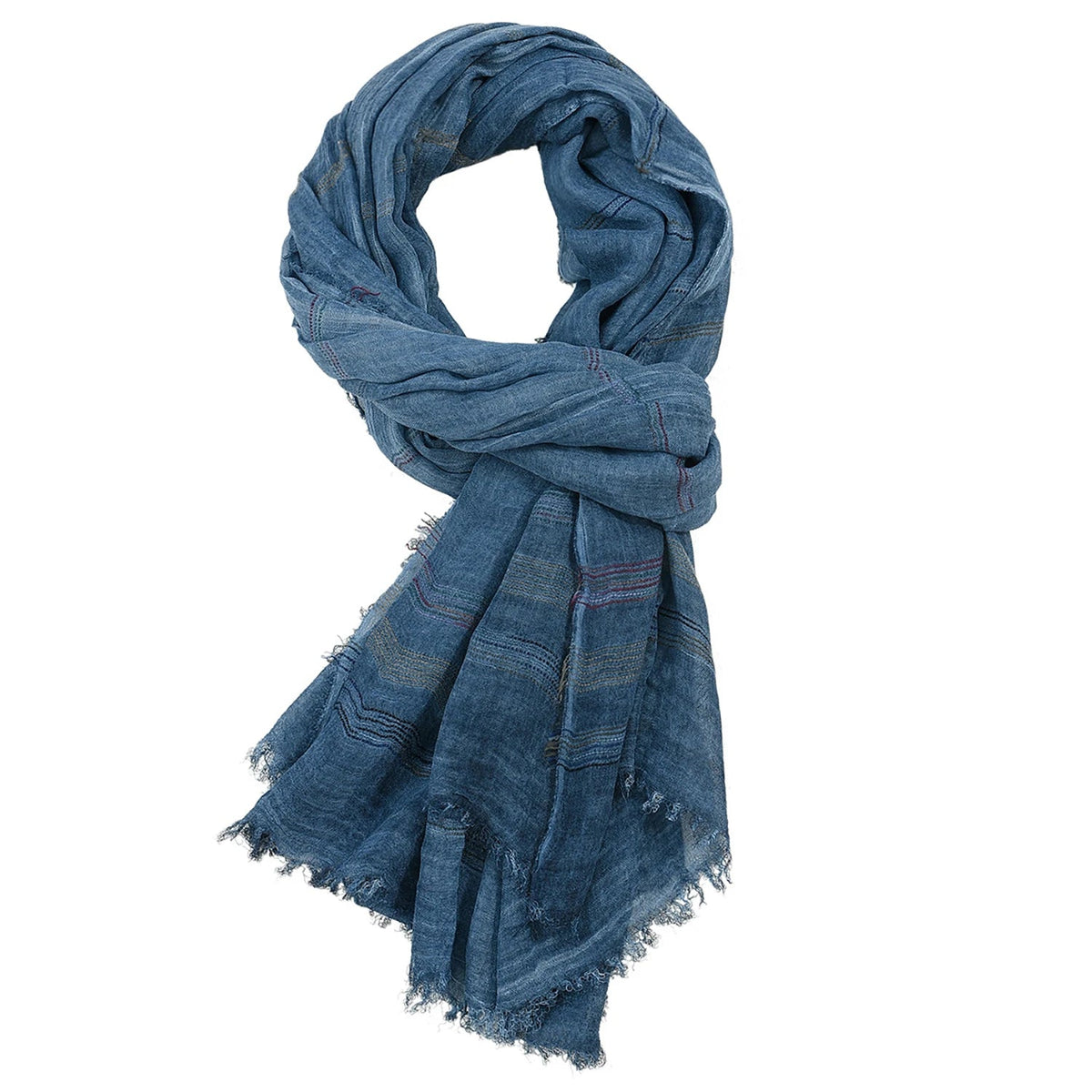Urban Fashion & Streetwear | Craftklart blue striped men's scarf with a soft, windproof texture and frayed edges.