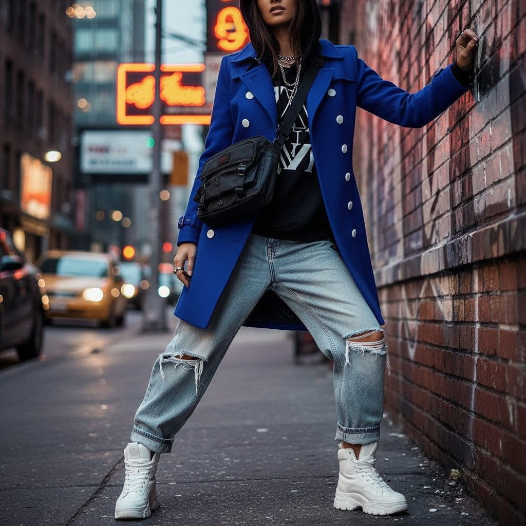 Urban Fashion & Streetwear | Craftklart blue double-breasted trench coat worn by a woman on a city street.