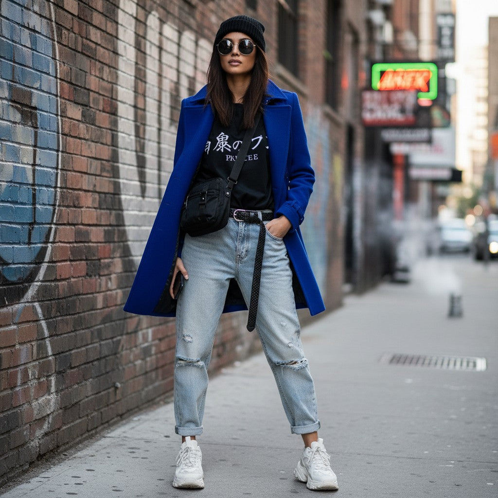 Urban Fashion & Streetwear | Craftklart blue double-breasted mid-length coat worn by a woman on a city street.
