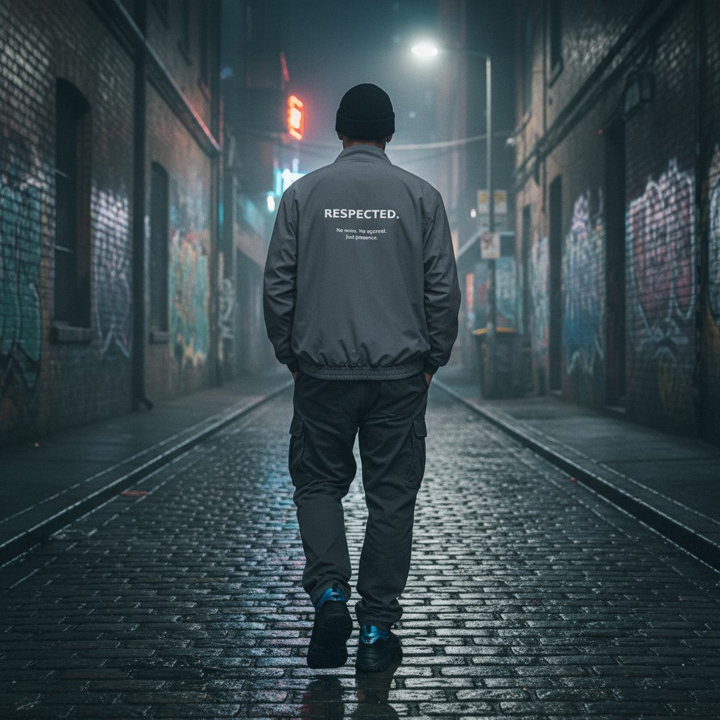 Urban Fashion & Streetwear | Craftklart bomber jacket with back typography worn by a man in a foggy city alleyway