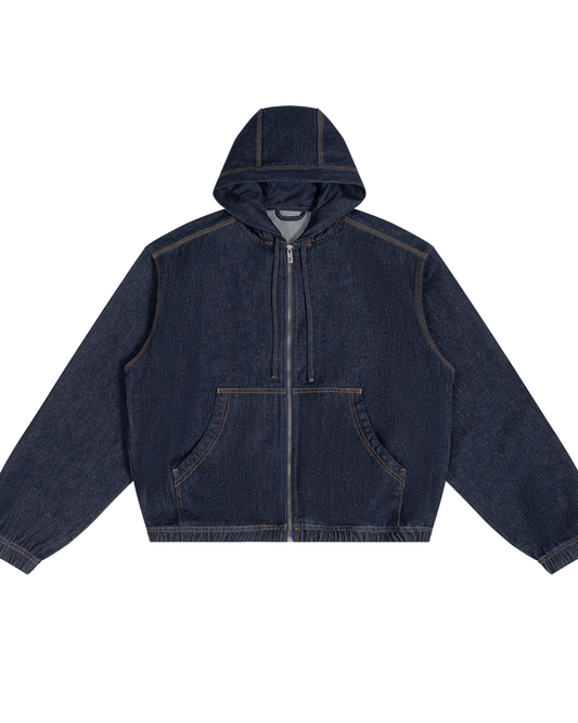 Urban Fashion & Streetwear | Craftklart boxy full-zip hooded denim jacket in dark blue with contrast stitching.