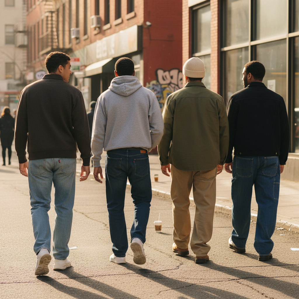 Four men walking down a city street wearing casual Urban Fashion & Streetwear | Craftklart quarter-zip sweatshirts.