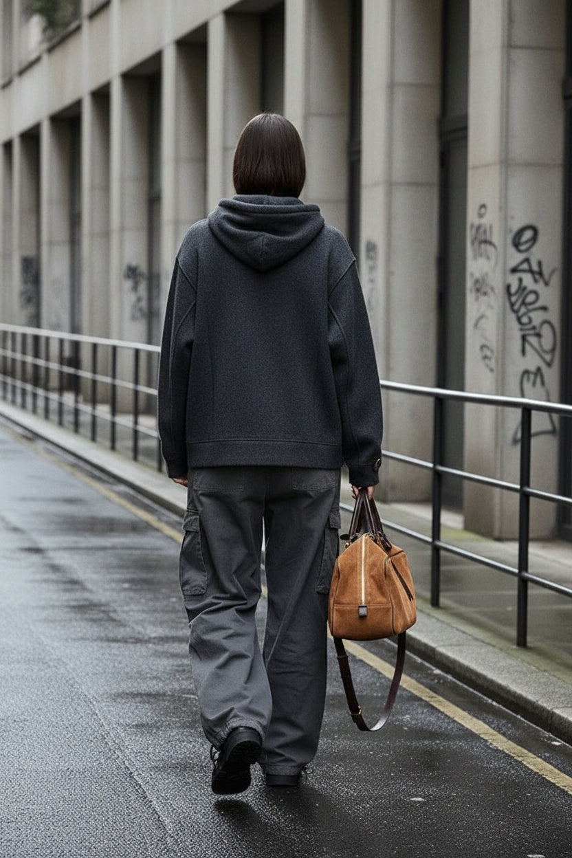 Craftklart brown structured leather tote bag with large capacity, genuine cowhide leather, suede accents, perfect for urban fashion.