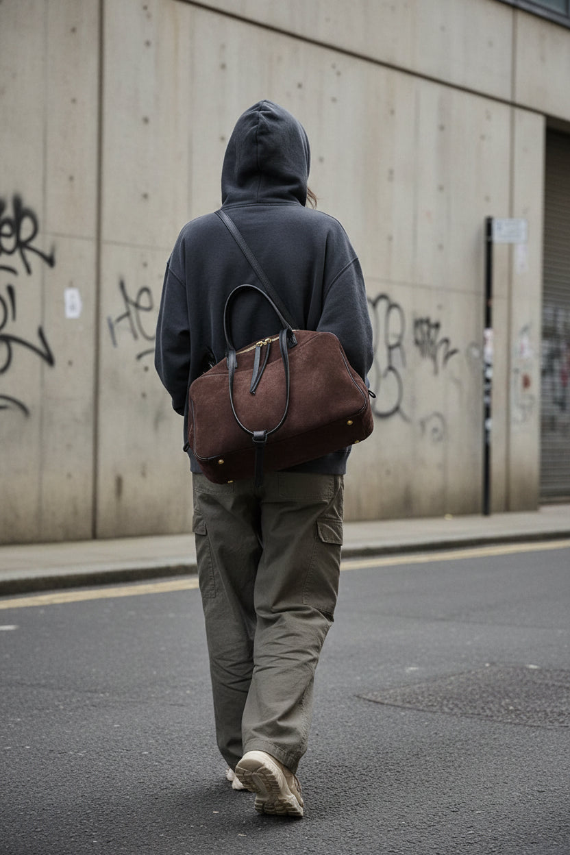 Craftklart brown leather tote bag with structured design, genuine cowhide, suede accents, perfect for urban fashion and commuting.