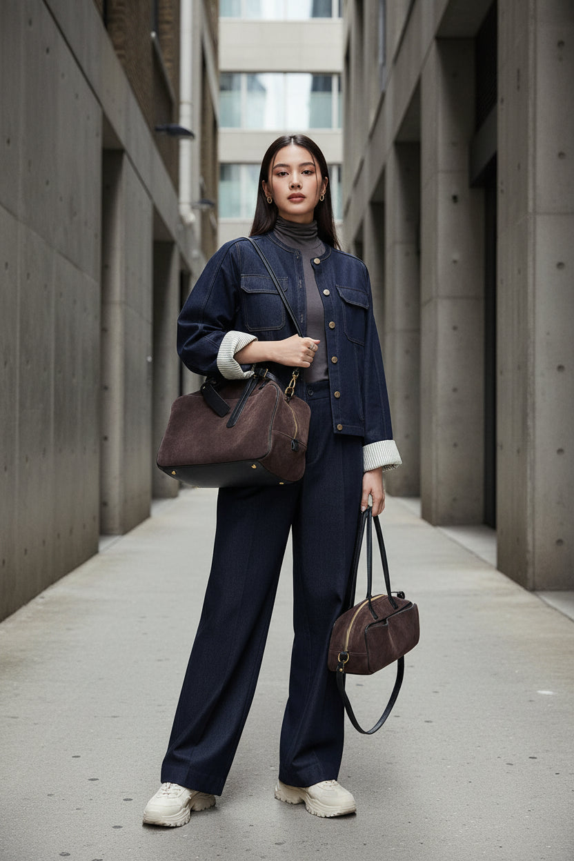 Craftklart brown leather structured tote bag with suede accents, large capacity, ideal for urban fashion and commuting.