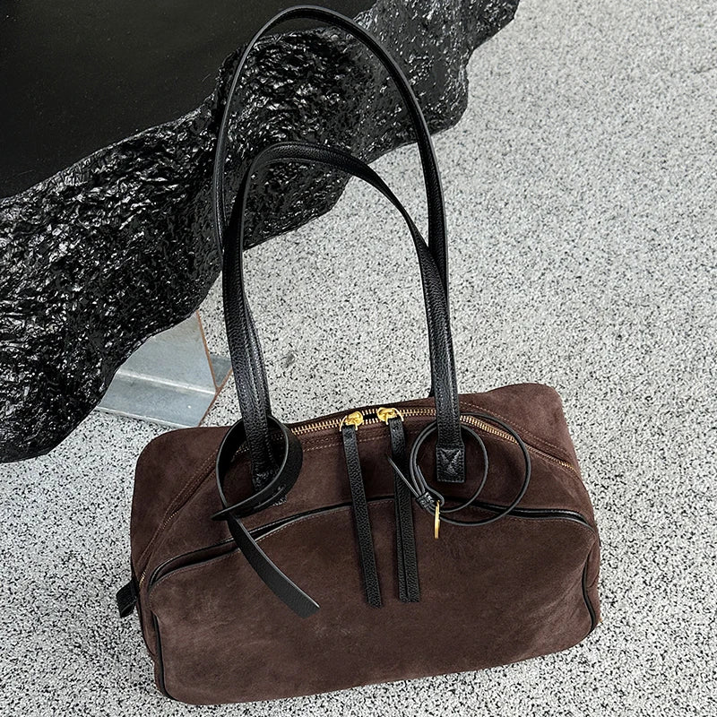 Brown Craftklart structured leather tote bag with large capacity, genuine cowhide leather, suede accents, ideal for urban streetwear.