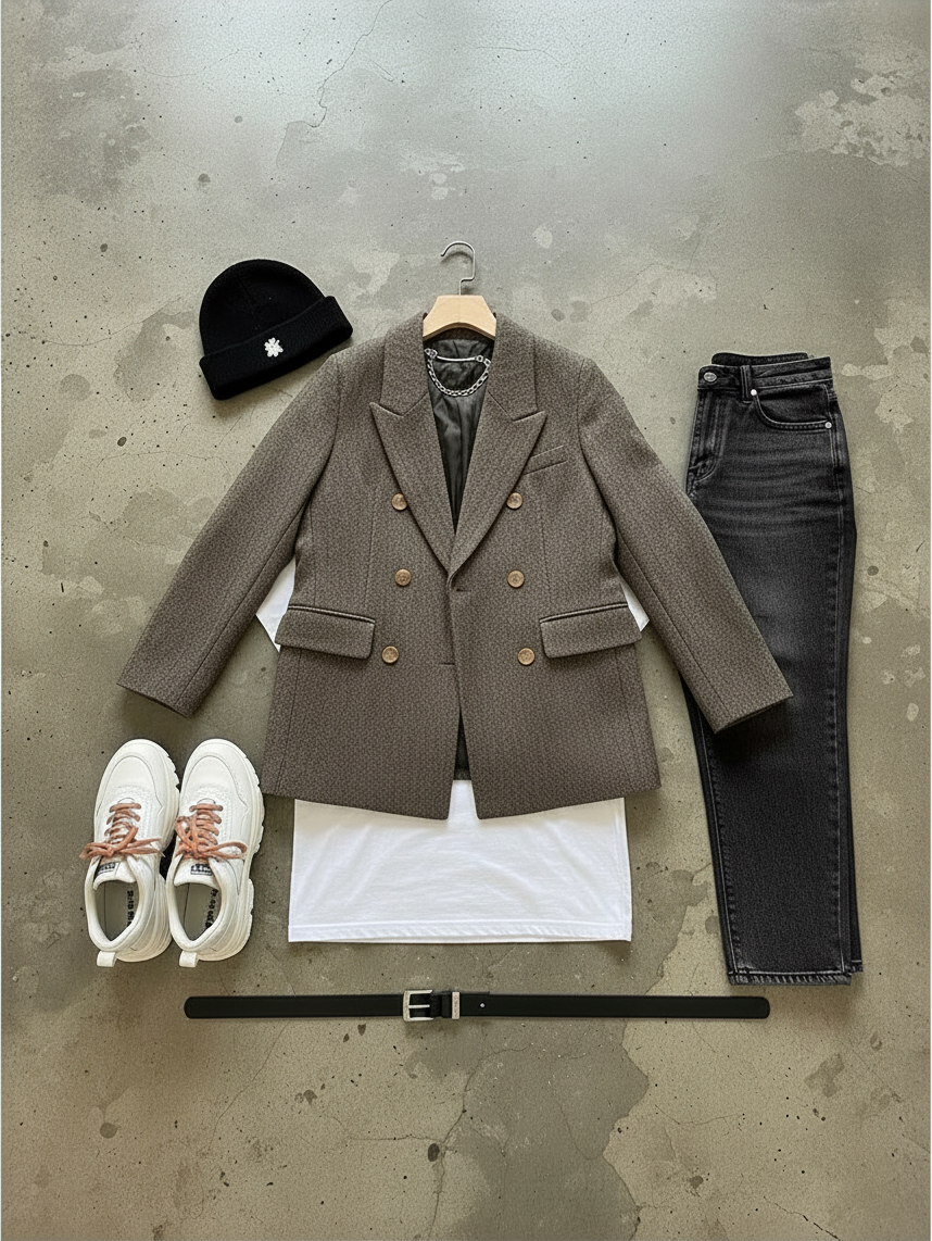 Urban Fashion & Streetwear | Craftklart vintage brown double-breasted blazer styled with jeans, sneakers, and beanie.