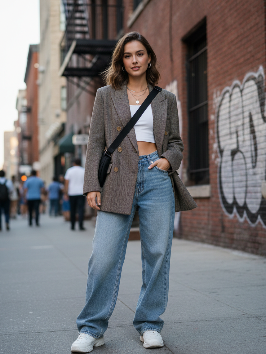 Urban Fashion & Streetwear | Craftklart vintage brown double-breasted blazer worn with jeans on a city street