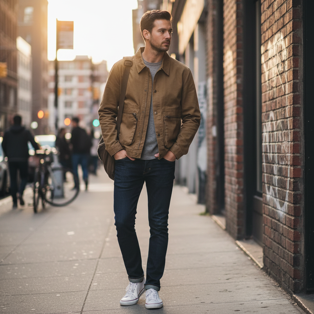 A man wearing an Urban Fashion & Streetwear | Craftklart brown cotton workwear jacket with a turn-down collar on a city street.