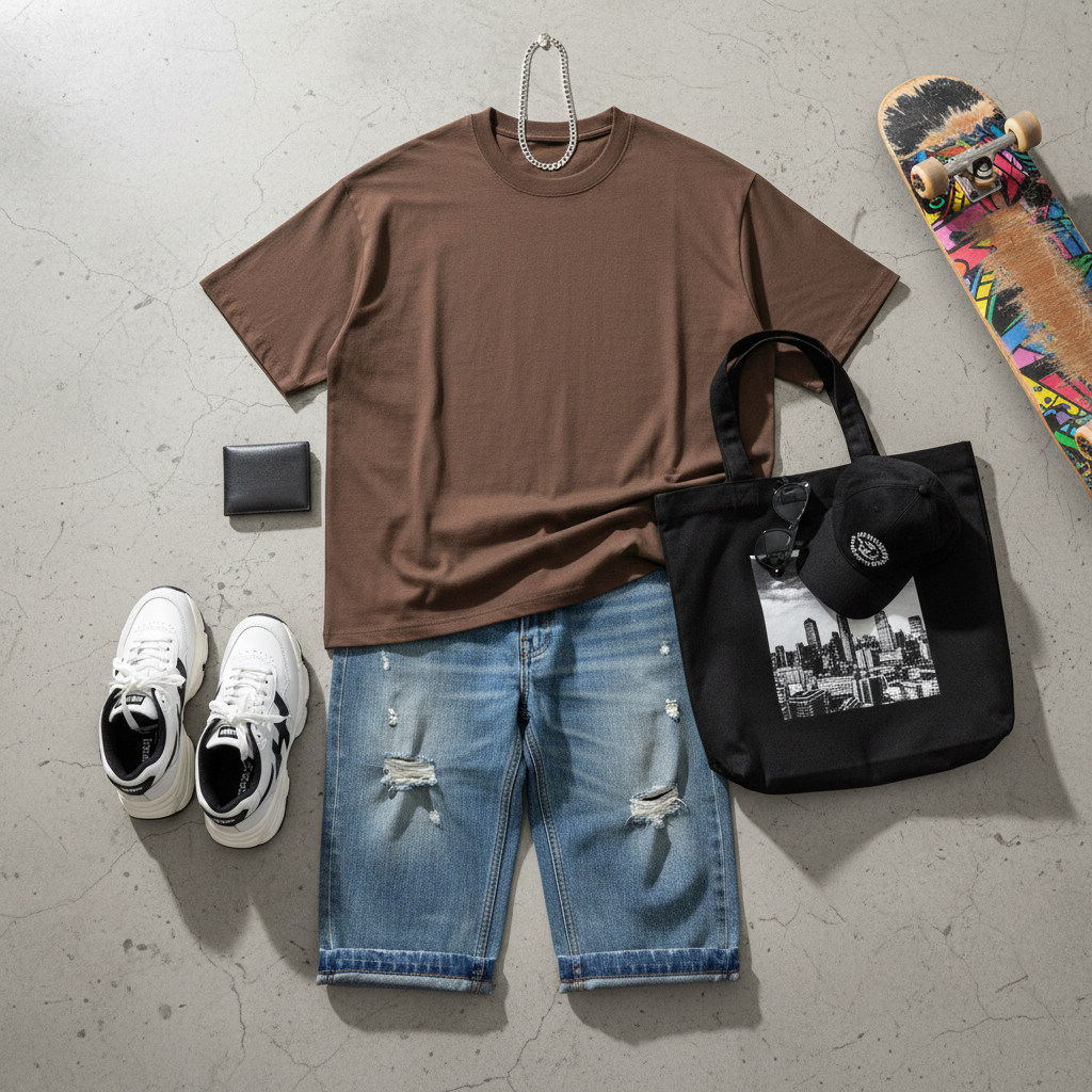Urban Fashion & Streetwear | Craftklart brown cotton t-shirt styled with denim shorts, sneakers, and a tote bag.