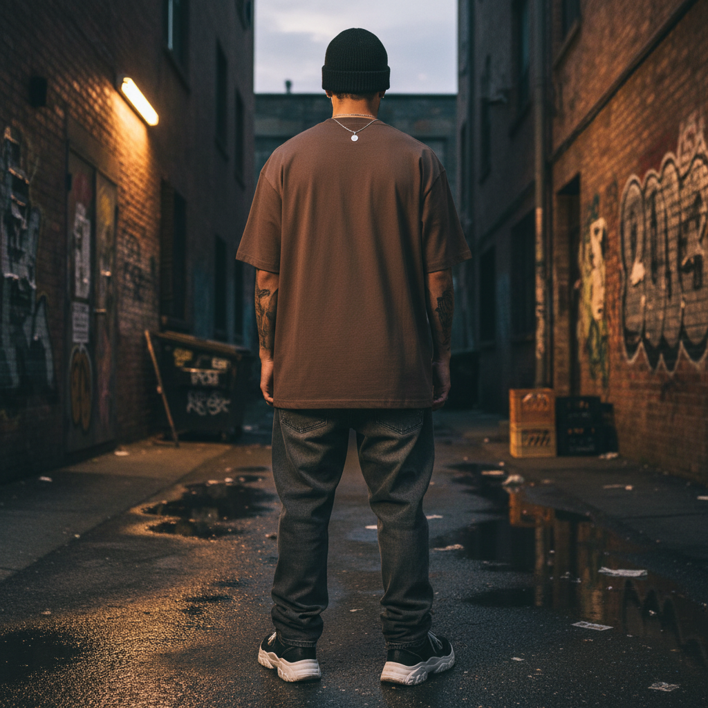 Urban Fashion & Streetwear | Craftklart brown cotton t-shirt worn by a man in a beanie standing in an urban alleyway