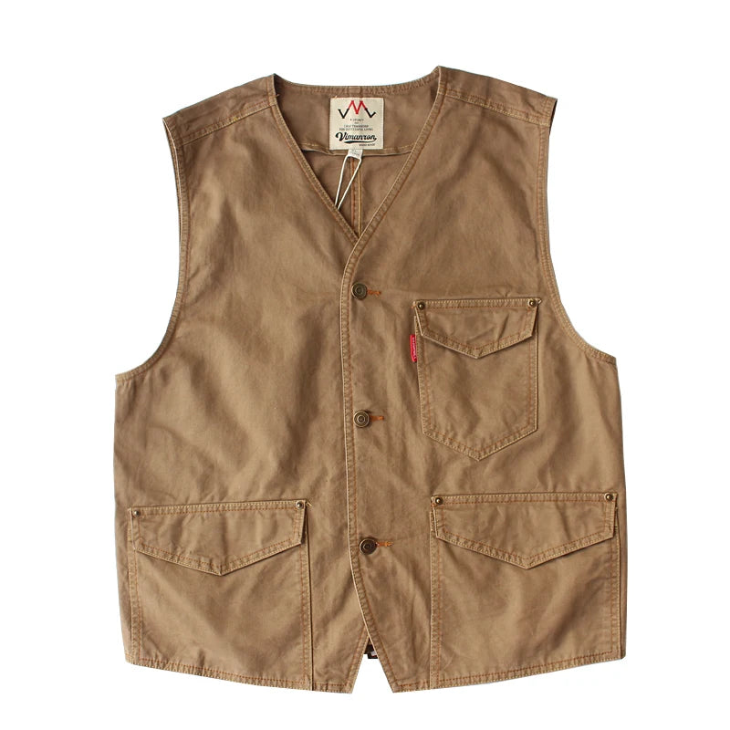 Urban Fashion & Streetwear | Craftklart brown cotton V-neck utility vest with multiple pockets and button closure.