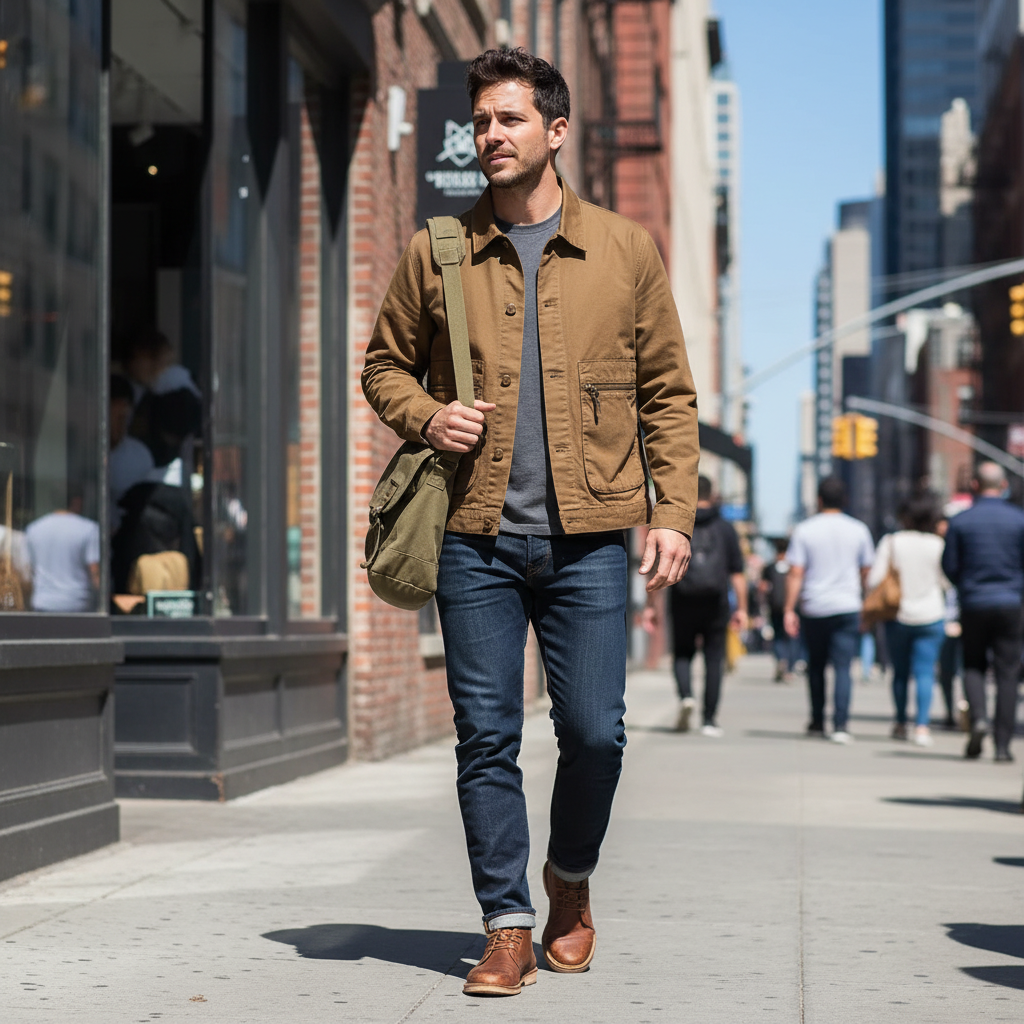Urban Fashion & Streetwear | Craftklart men's brown cotton workwear jacket with pockets, worn on a city street.