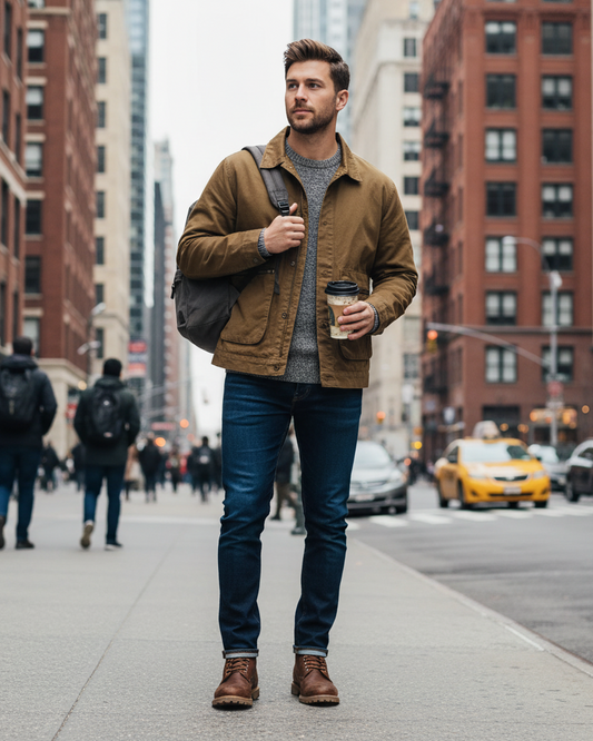 A man wearing an Urban Fashion & Streetwear | Craftklart brown cotton workwear jacket with a turn-down collar.