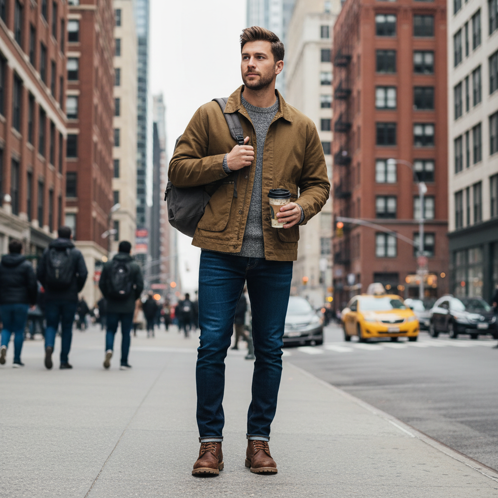 A man wearing an Urban Fashion & Streetwear | Craftklart brown cotton workwear jacket with a turn-down collar.