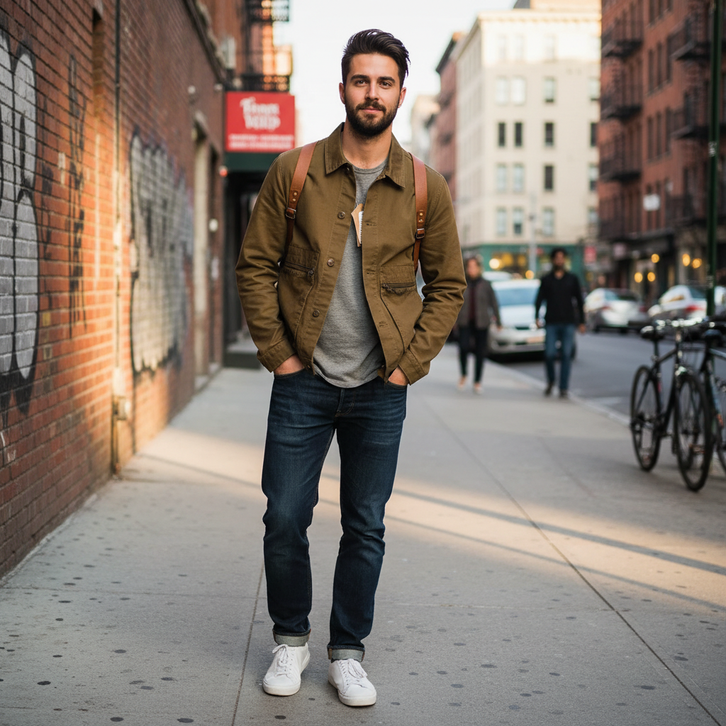 Man wearing an Urban Fashion & Streetwear | Craftklart brown cotton workwear jacket with a turn-down collar on a street