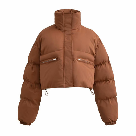 Urban Fashion & Streetwear | Craftklart brown cropped puffer jacket with high collar and zippered pockets.