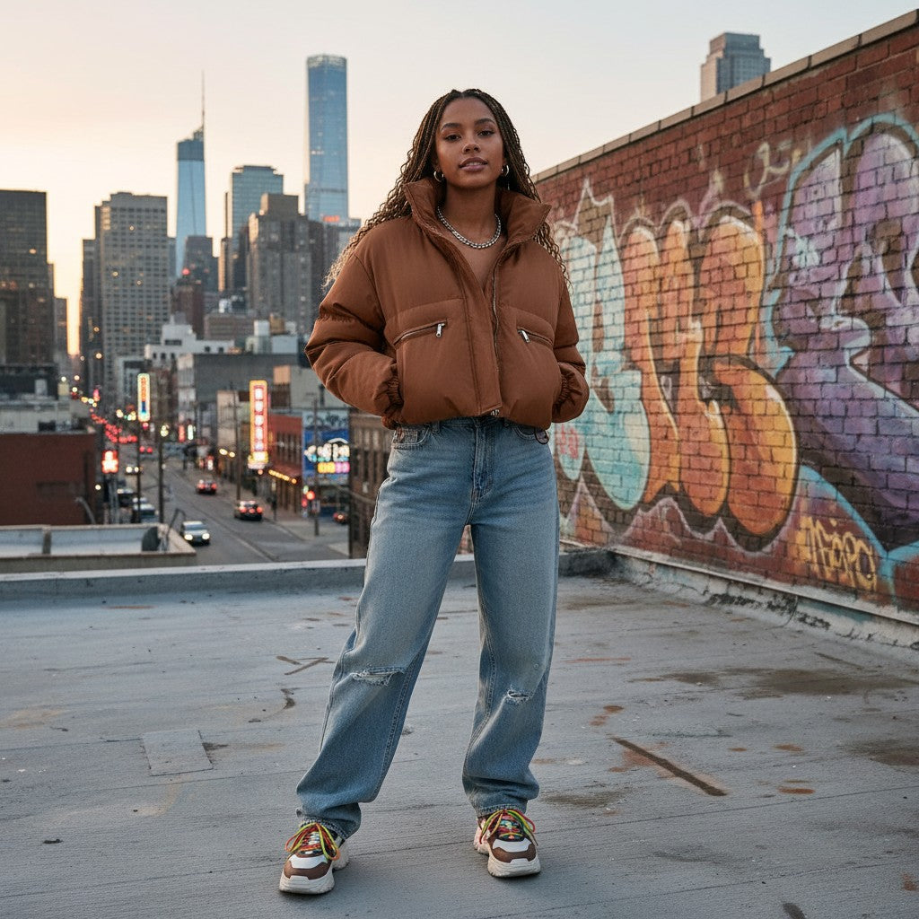 Urban Fashion & Streetwear | Craftklart cropped brown puffer jacket with stand-up collar worn by a woman on a rooftop.