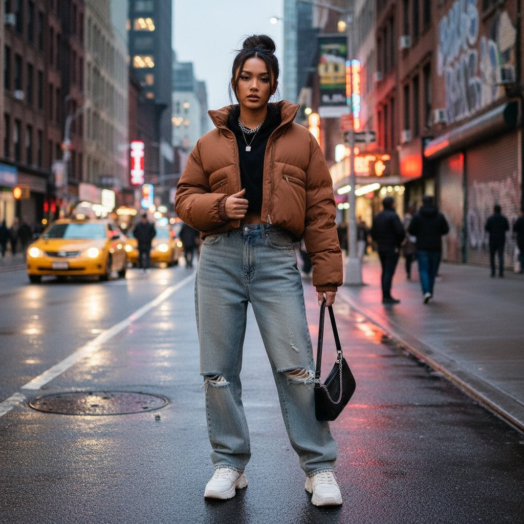 Urban Fashion & Streetwear | Craftklart cropped brown puffer jacket with stand-up collar worn by a woman in the city.
