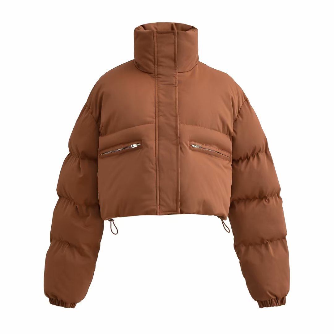 Urban Fashion & Streetwear | Craftklart brown cropped puffer jacket with high collar and zippered side pockets.