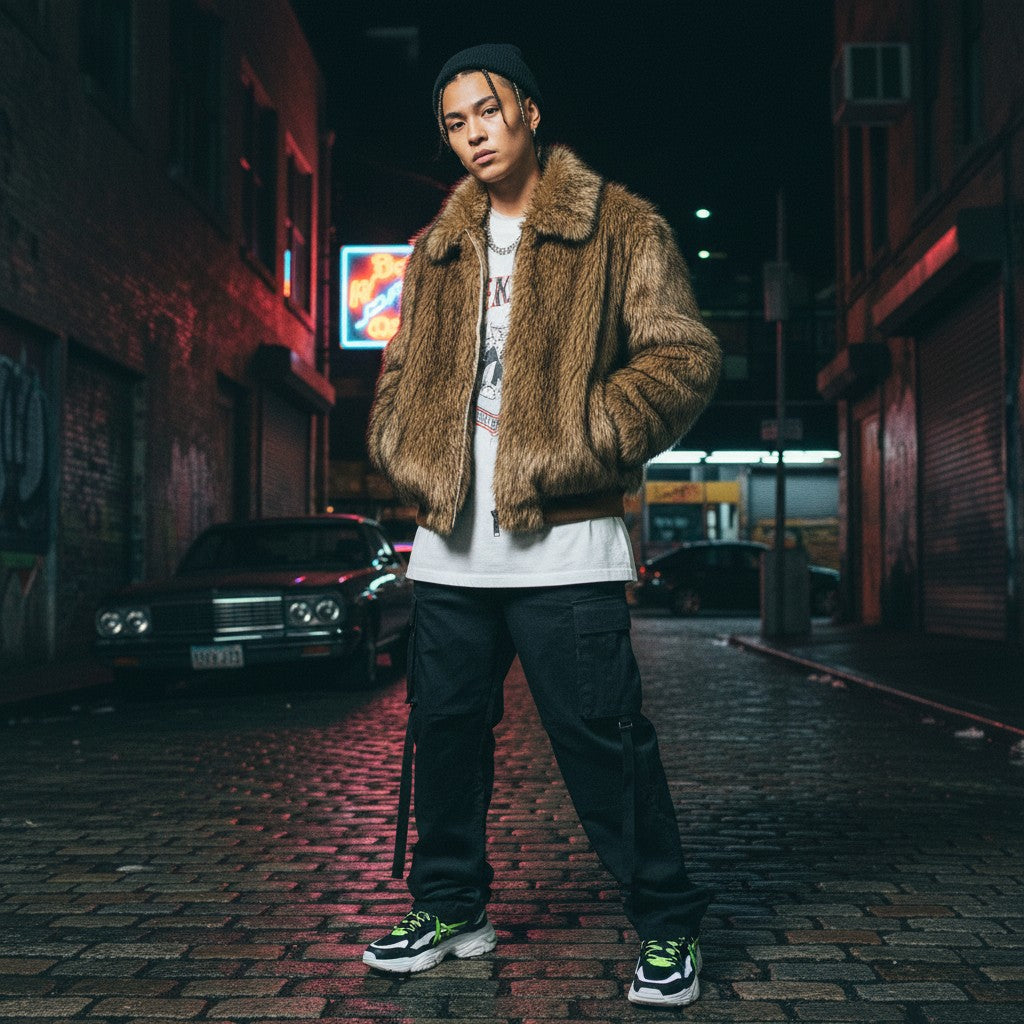 Urban Fashion & Streetwear | Craftklart oversized brown faux fur jacket with flip collar worn on a city street