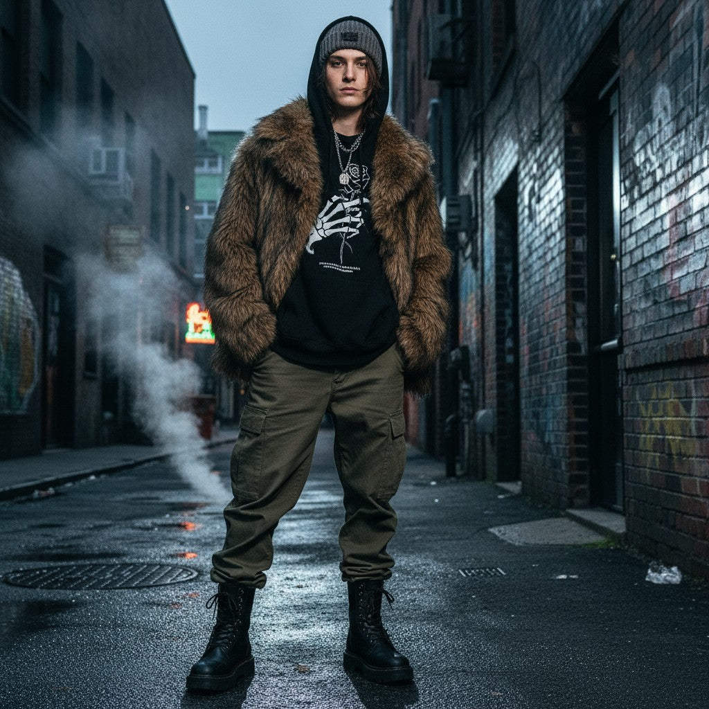Urban Fashion & Streetwear | Craftklart oversized brown faux fur jacket with a flip collar worn in an urban alleyway.
