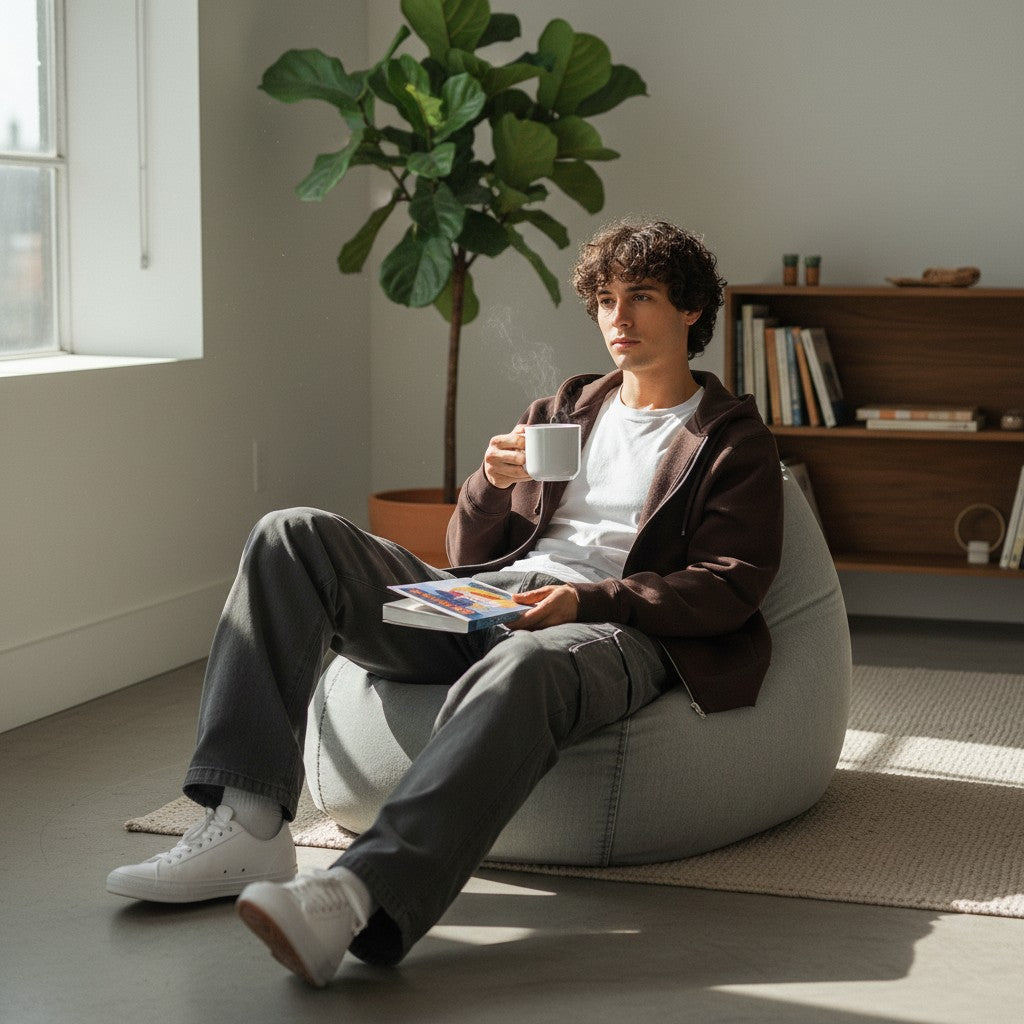 A young man wearing an Urban Fashion & Streetwear | Craftklart brown fleece zip-up hoodie, relaxing in a beanbag chair.