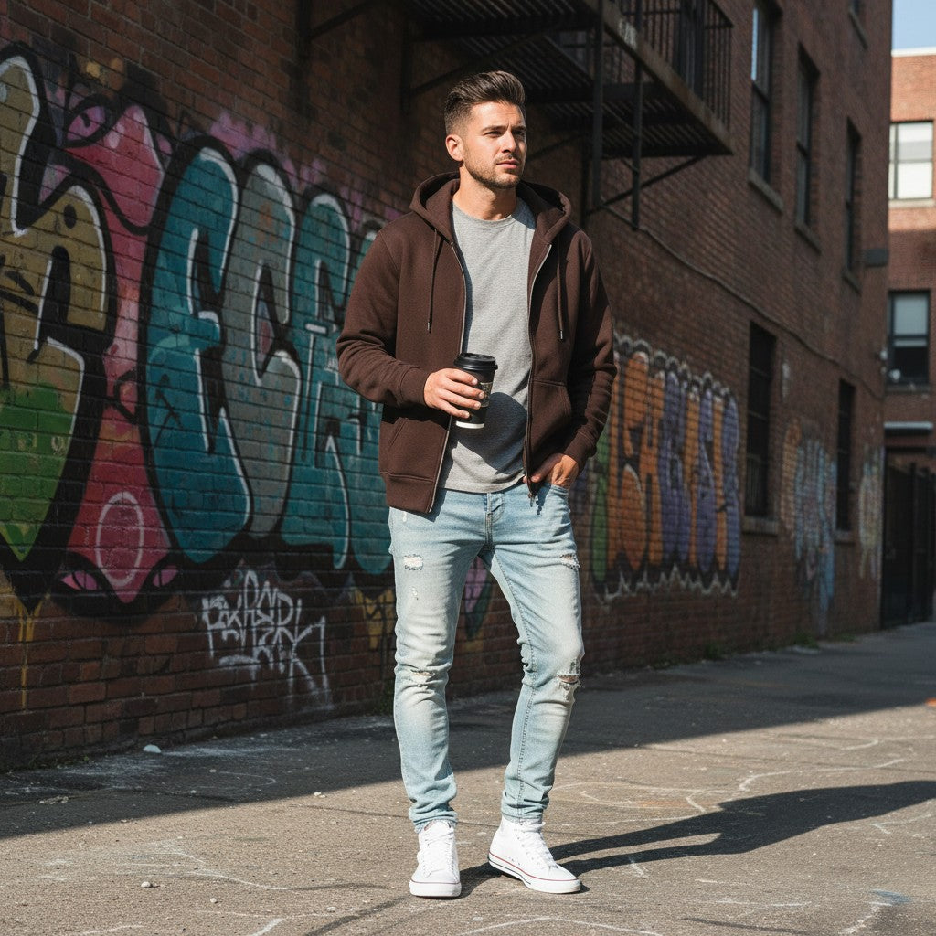 Urban Fashion & Streetwear | Craftklart brown fleece full zip hoodie worn by a man in an urban alleyway.