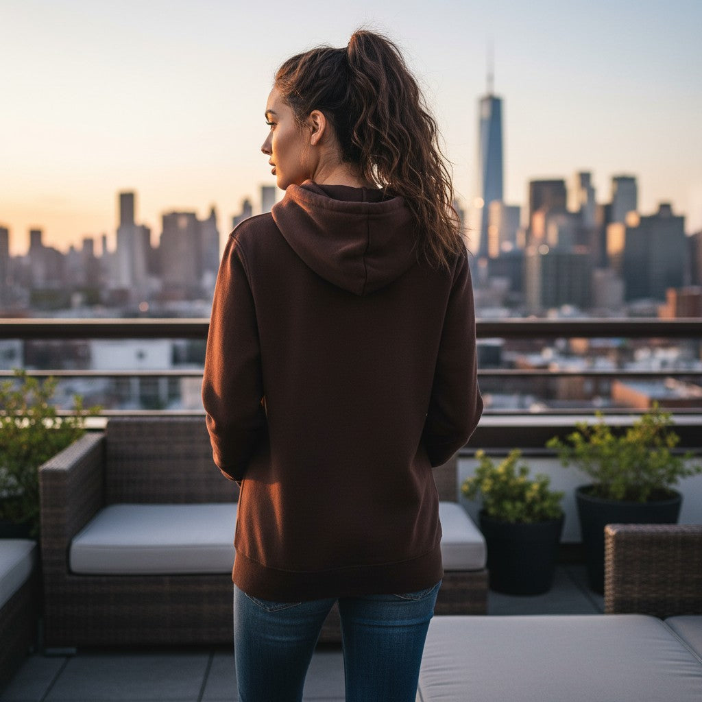 Woman wearing a brown Urban Fashion & Streetwear | Craftklart fleece zip-up hoodie on a city rooftop at sunset