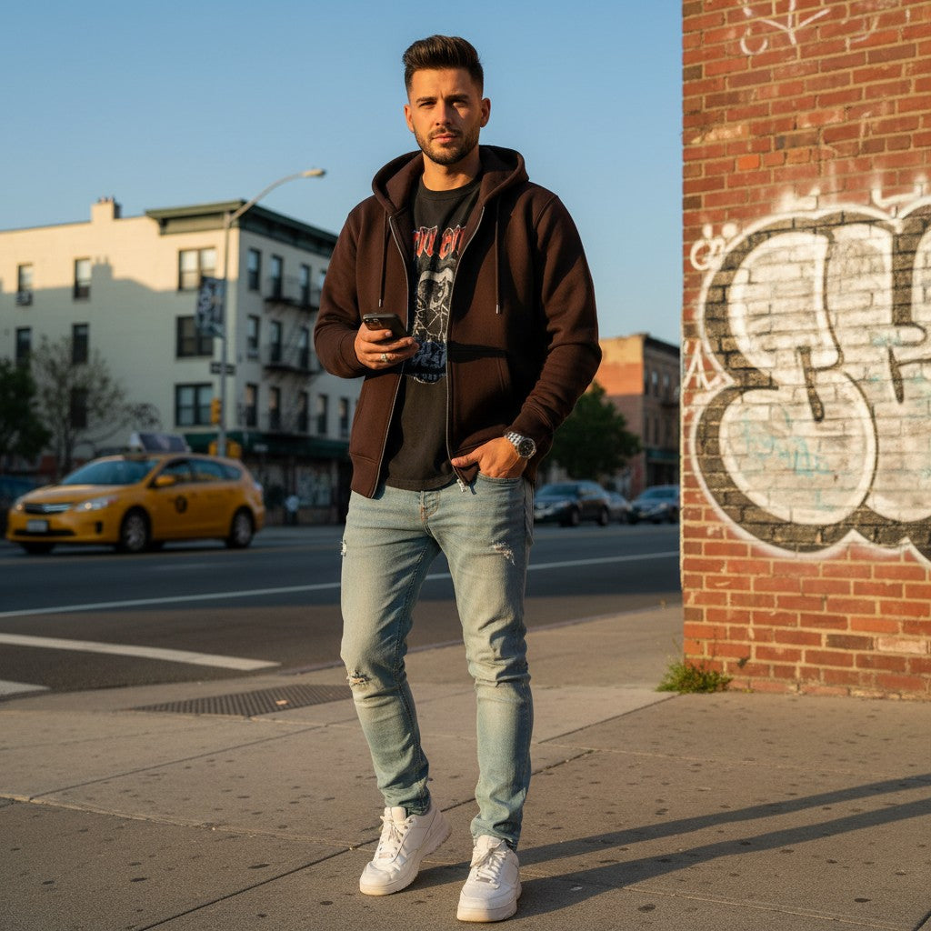 Urban Fashion & Streetwear | Craftklart brown fleece full zip hoodie worn by a man on a city street.