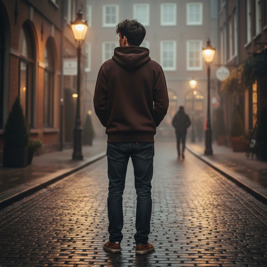 A man wearing a brown Urban Fashion & Streetwear | Craftklart fleece hoodie standing on a cobblestone street at dusk.